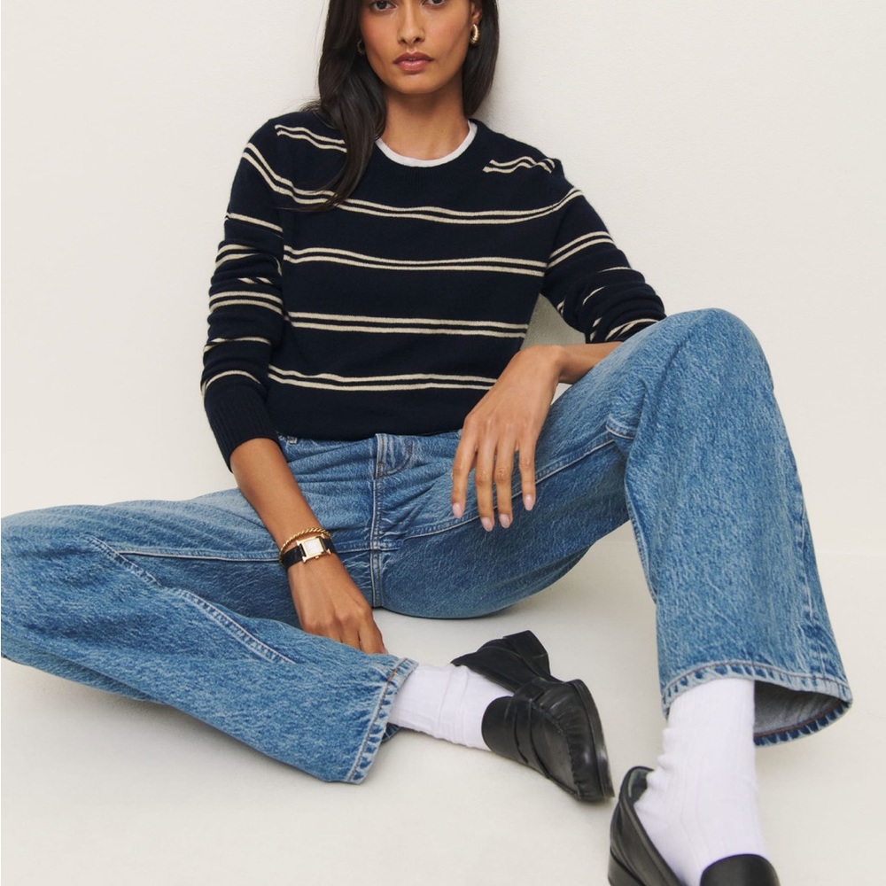 Reformation Navy and Cream Striped Knit Sweater